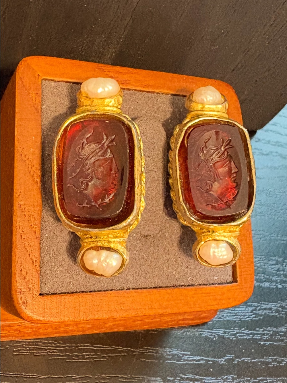 Lazaro earrings vintage 1.5” clip on gold tone intaglio carved pearl some
wear